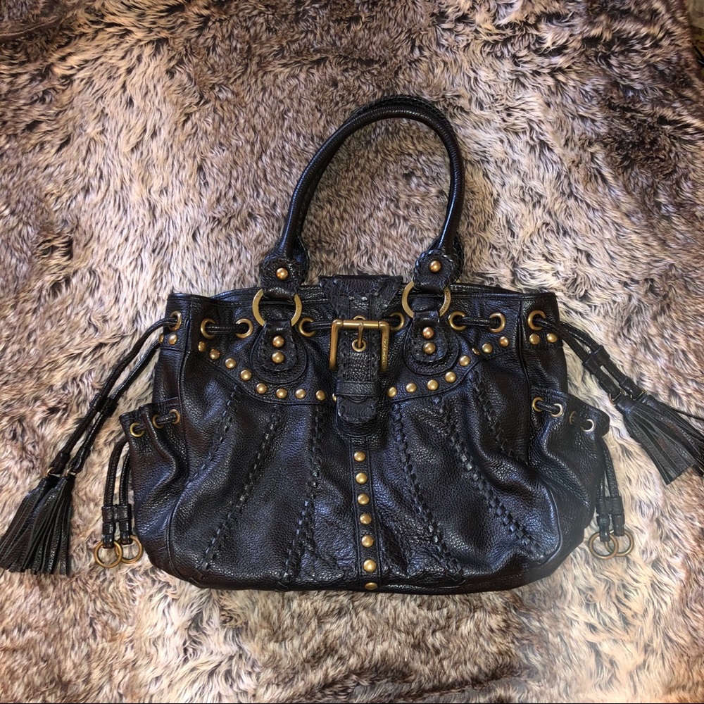 Isabella Fiore Black Whipstitch Leather Tote Bag
